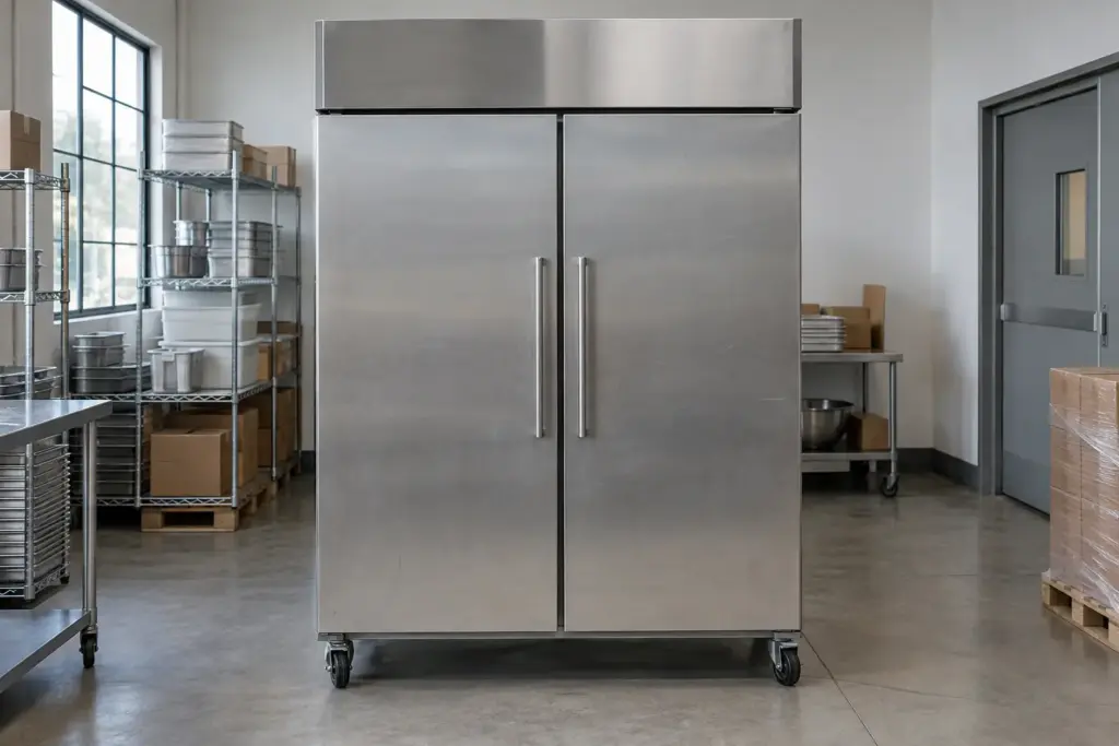AI-generated representative scene of a stainless commercial upright freezer in an equipment receiving room.