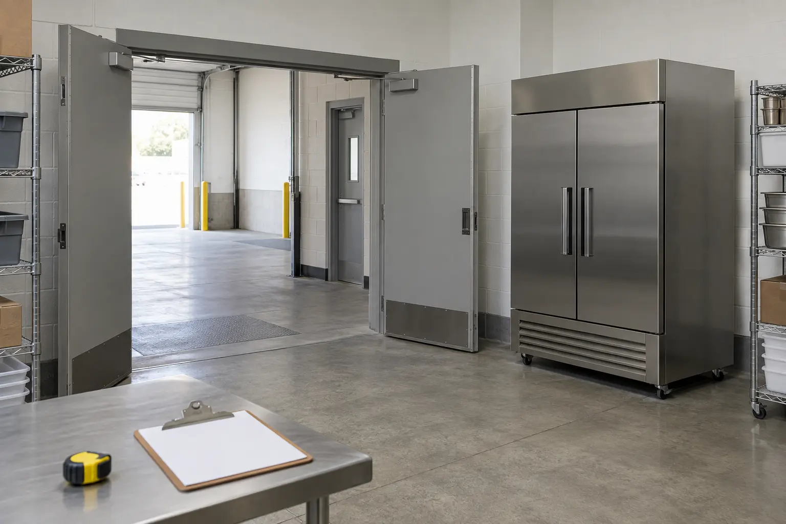 AI-generated representative equipment delivery area with an open doorway, freezer and measuring tools; not a surveyed or approved site.