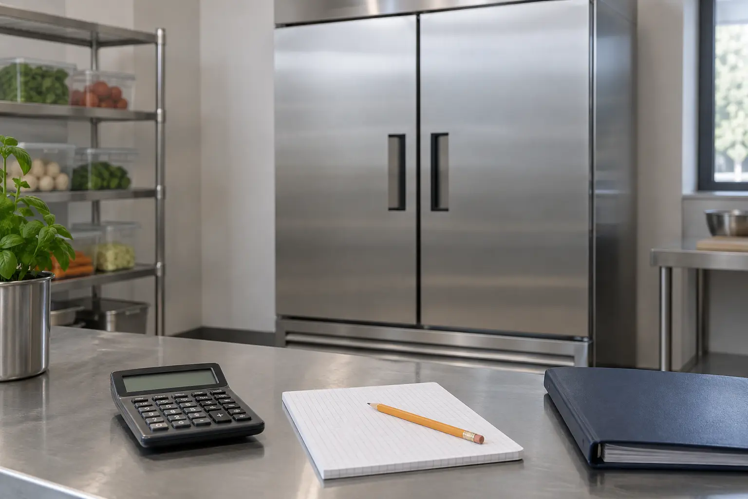 AI-generated representative purchasing desk with a calculator and blank budget notes in front of a freezer.