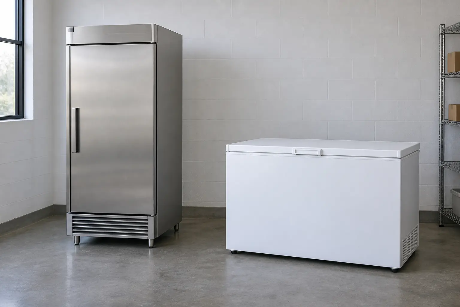 AI-generated representative upright and closed-lid chest freezer formats; these are not identified or equal-capacity models.