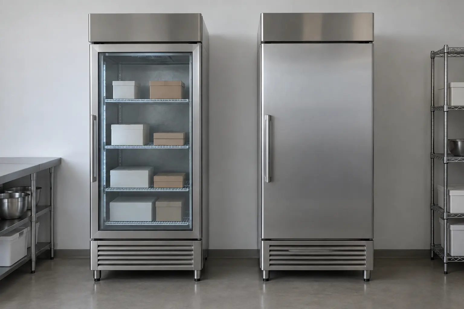 AI-generated representative glass-door and solid-door commercial freezer cabinets; no named products are compared or tested.